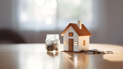 Small house with jar for the concept of saving loan for buying house from the bank - obrazy, fototapety, plakaty