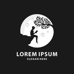 Education logo design. children reading book in the middle of the night