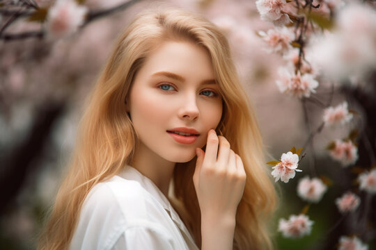 portrait of a beautiful female model posing in front of full bloomed cherry blossom in spring, AI Generative