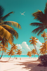 Fototapeta na wymiar Tropical island with palm trees, retro illustration. Generative AI