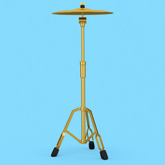 Metal cymbal on a stand on blue. 3d render of musical percussion instrument