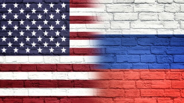 United States of America flag Vs Russian federation Flag on brick wall, USA vs Russia, US Vs Russia 