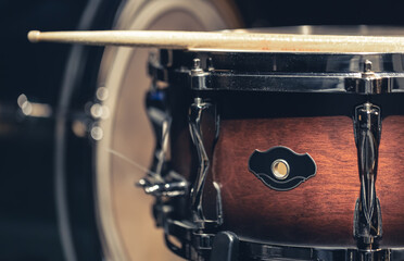 Close-up, snare drum on a dark background isolated.