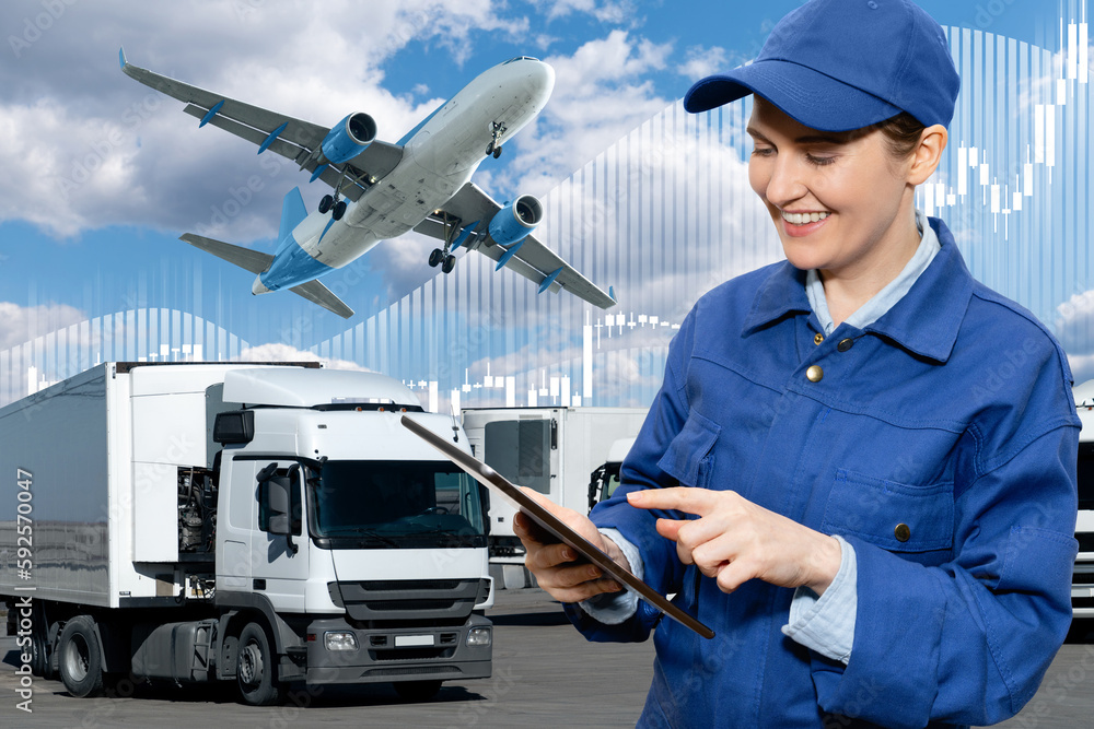 Aufkleber manager with a digital tablet on a background of airplane and trucks. international trade and logist