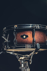 Close-up, snare drum on a dark background isolated.