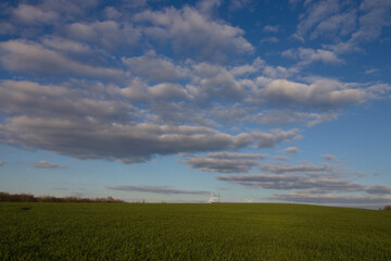 Fototapeta na wymiar photo of a green field with a beautiful cloudy blue sky