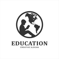 Education logo design. children reading book and globe concept
