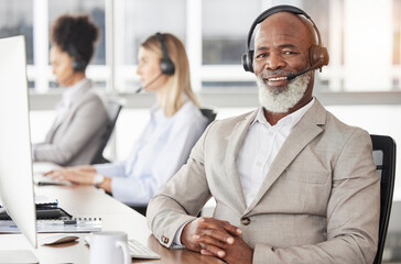 Businessman, call center and portrait smile with headphones for customer service, support or...