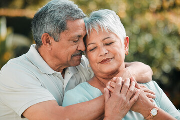 Senior couple, relax and hug in park, garden and nature for love, care and peace of calm relationship. Man, woman and retirement of partner, support and marriage for romance, quality time and outdoor