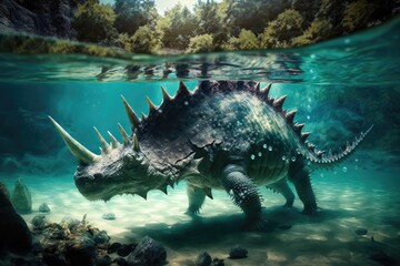 stegosaurus swimming in crystal-clear river, its tail and flippers visible, created with generative ai