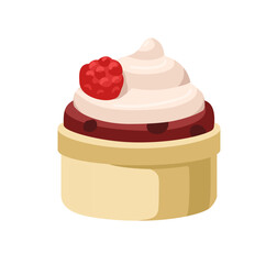 Cupcake, sweet chocolate dessert with cream swirl and berry. Small muffin cake in bakery cup with buttercream and raspberry decor. Yummy pastry. Flat vector illustration isolated on white background