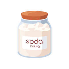 Baking soda in glass jar, closed with wooden lid. Sodium bicarbonate, cooking powder. Alkaline, antacid bicarb in transparent container. Flat vector illustration isolated on white background