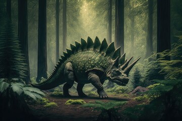 stegosaurus running through lush forest, with trees and greenery in the background, created with generative ai