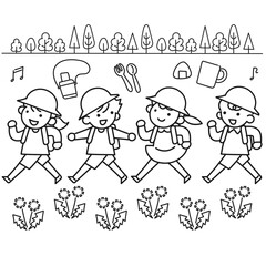 春の遠足に出かける小学生の女の子と男の子