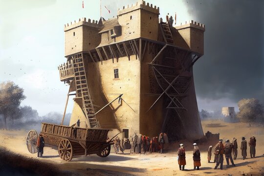 huge siege tower being wheeled toward castle walls, with archers ready for battle, created with generative ai