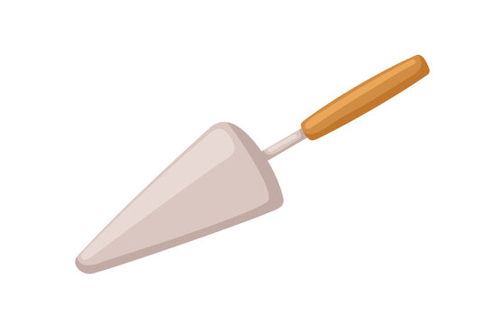 Metal spatula for serving cake. Kitchen tool, culinary utensil for confectionery. Stainless steel triangle-shaped kitchenware, accessory. Flat cartoon vector illustration isolated on white background