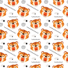 Cute kids seamless animal pattern. Drawing of a tiger cub. The concept of sleep. Printing on fabric, paper and design. Vector illustration
