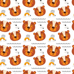 Cute kids seamless animal pattern. Drawing of a bear cub in the clouds. The concept of sleep. Printing on fabric, paper and design. Vector illustration