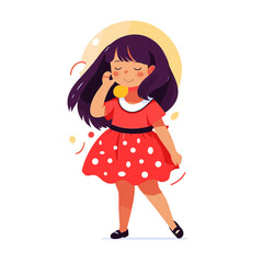 Plus size woman vector illustration. Curvy african or latina female cartoon character wearing light red summer dress and straw hat. Body positive. Plump girl isolated on white background