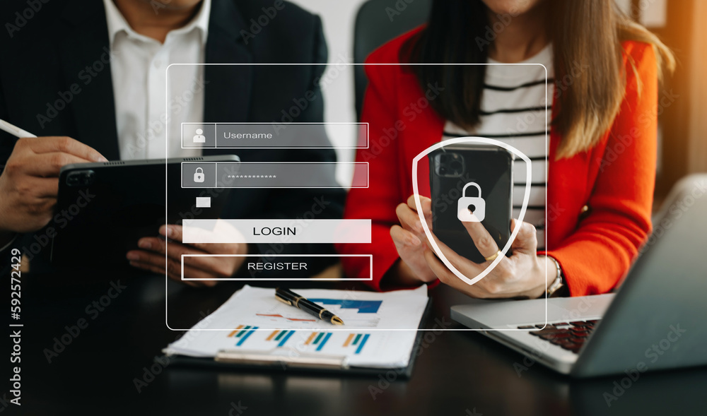 Poster cyber security concept, login, user, identification information security and encryption, secure acce