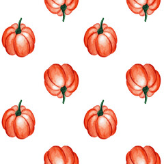 Seamless watercolor background with pumpkins and zucchini. Great for Halloween, fall party, fabric printing and wrapping paper. For the design of autumn cards and invitations