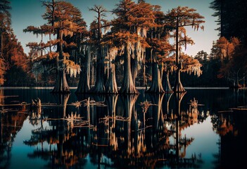 Beautiful cypress trees on Caddo Lake, Texas, on the winter morning. Generative AI - obrazy, fototapety, plakaty