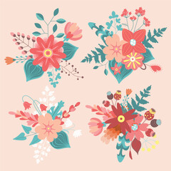 Set of Bouquets. Flower Bouquets. Design element for invitations, greeting cards, posters, blogs. Delicate flowers and leaves.