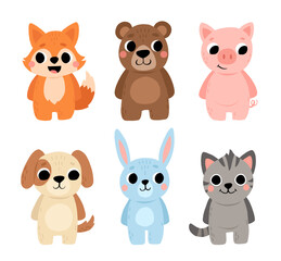 Cartoon cute animals for baby card and invitation. Vector illustration. dog, bunny, bear, cat, fox, pig
