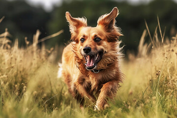 Running Dog in Meadow. Cute Pet on Green Field Background