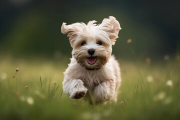 Running Dog in Meadow. Cute Pet on Green Field Background