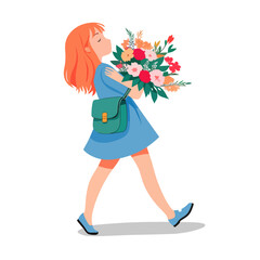 Love greeting card. A cute cheerful girl in red hair walks and carries a huge bouquet of flowers in her hands. Girl character on white background. Isolated,vector illustration