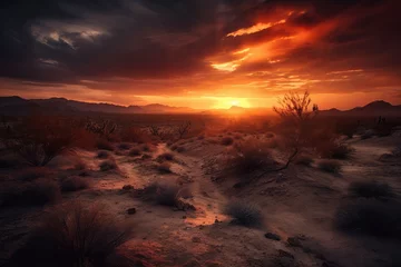 Gardinen desert landscape with fiery sunrise, surrounded by dramatic clouds, created with generative ai © primopiano