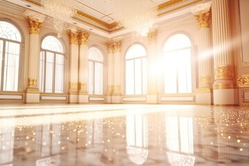 Fototapeta premium Background scenario of a luxury empty room mansion with marble floor and lighting effects Generative AI Illustration