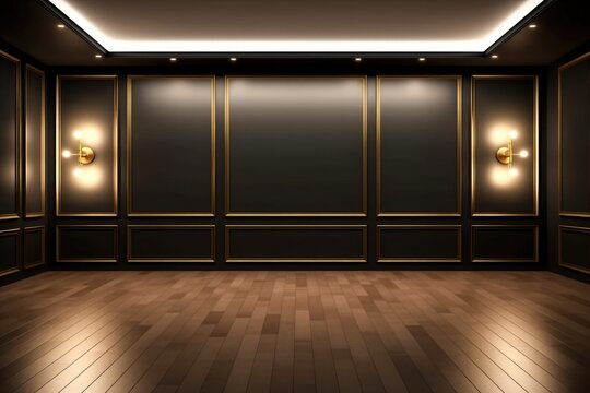 Luxury background of an elegant empty modern room with expensive wood floor and walls with golden edges Generative AI Illustration