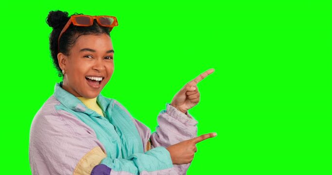 Green screen, excited face and woman point at fashion product choice, gen z mockup or discount deal offer. Coming soon promotion, chroma key portrait and happy female ambassador on studio background