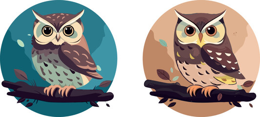 Cute owl on a branch. Vector illustration on a white background. In a hand-drawn style. Set ,green and brown circles