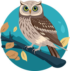 Cute owl on a branch. Vector illustration on a white background. In a hand-drawn style. Blue circle