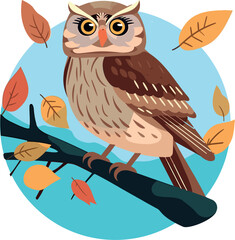 Cute owl on a branch. Vector illustration on a white background. In a hand-drawn style. Light blue circle