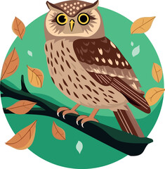 Cute owl on a branch. Vector illustration on a white background. In a hand-drawn style. Green circle