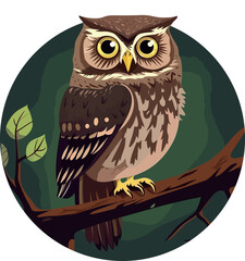 Cute owl on a branch. Vector illustration on a white background. In a hand-drawn style. Dark green circle