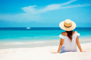 Fototapeta na wymiar Woman with straw hat sunbathing on tropical beach