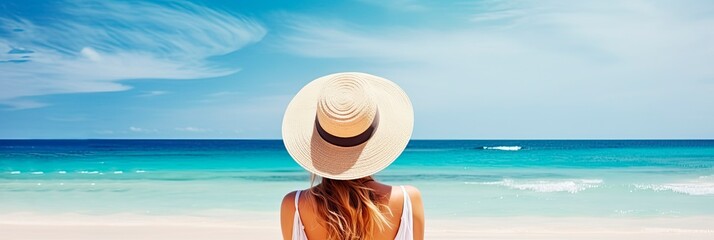Fototapeta na wymiar Woman with straw hat sunbathing on tropical beach