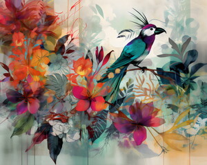 Matisse-style tropical collage with flowers, birds, lyrical, using negative space with mutiple textures, layers, pencil scribbles, modern colors. generative ai