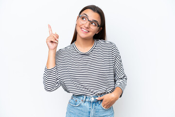 Young caucasian woman isolated on white background thinking an idea pointing the finger up