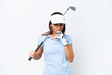 Young caucasian woman playing golf isolated on white background thinking