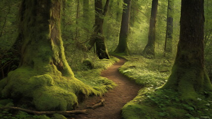 Enchanted Forest Trail Serene Path Through a Mystical Forest, Towering Trees Laden with Moss, Immortalized in Captivating Detail to Bring Nature's Magic into Your Home or Office. Generative AI