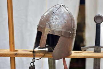 Middle age helmet in close-up.