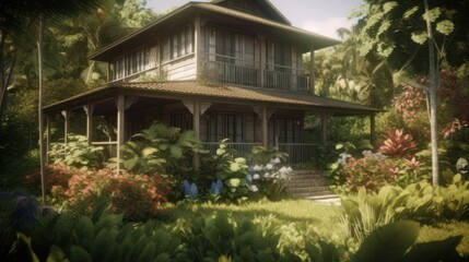Fototapeta na wymiar Vintage wooden house in the garden. Vintage style. Blurred background. Generative AI