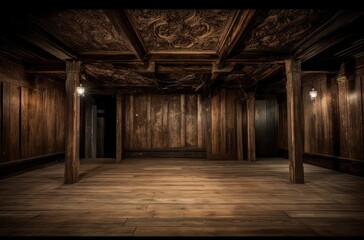 Interior of a dark room with wooden walls, ceiling and floor. Generative AI