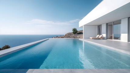 Fototapeta na wymiar A white house with a pool and a sea view